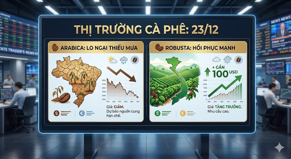 Thị trường cà phê ngày 23/12: Arabica lo ngại thiếu mưa, Robusta hồi phục gần 100 USD